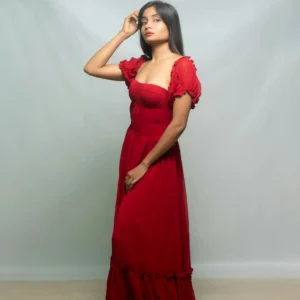 Elegant Red Puff Sleeve Maxi Gown